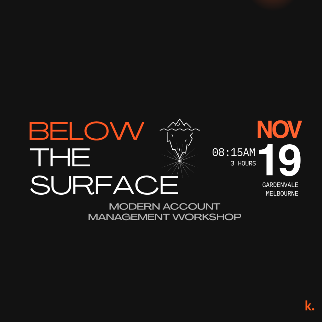 Below the Surface modern account management workshop promotional poster, Melbourne, 19 November 2026.